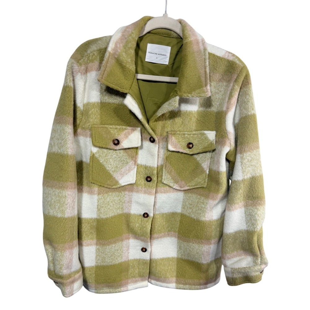 Panache Apparel Shacket Plaid Button Up Women's Size Large Green Cabincore Cozy